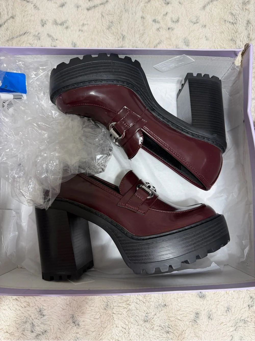 Madden Girl burgandy brown-mahogany platform loafers with heels.